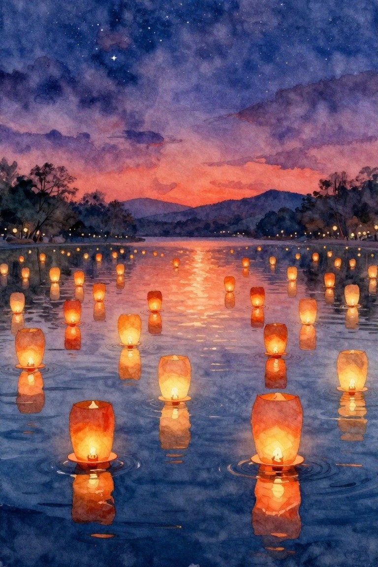 Watercolor scene of glowing lanterns floating on a lake under a sunset sky.
