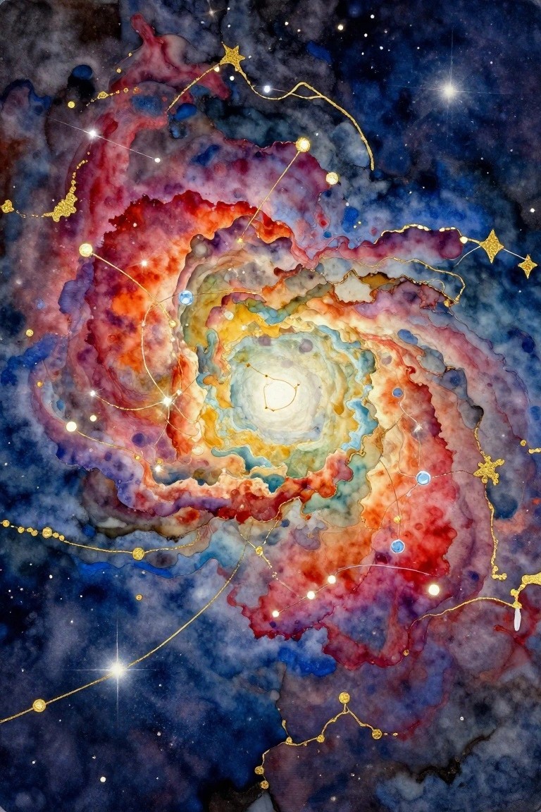 Watercolor spiral galaxy with vibrant nebulae and golden constellation lines.