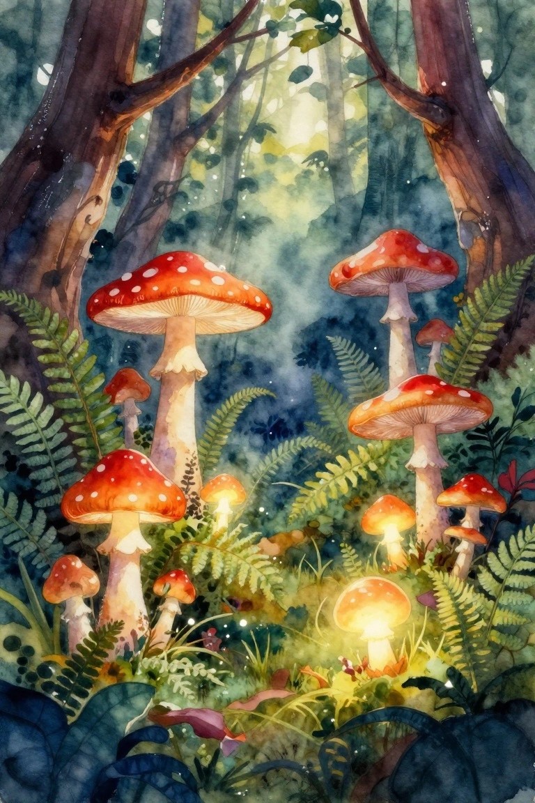 A watercolor painting of red spotted mushrooms growing among ferns in a forest, with some mushrooms emitting a soft yellow glow.