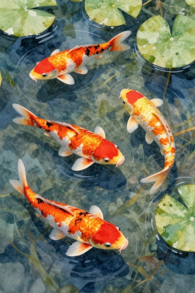 Colorful koi fish swimming among green lily pads in a pond