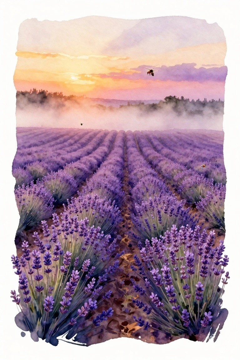 Watercolor of blooming purple lavender rows at sunset with bees over misty field