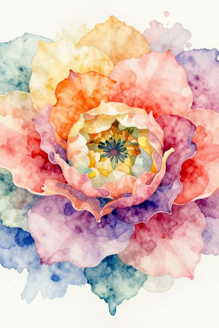 Vibrant watercolor flower with layered pink, orange, purple, and blue petals