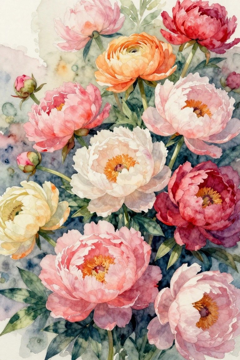 Watercolor bouquet of pink, red, white, and orange peonies with green leaves.