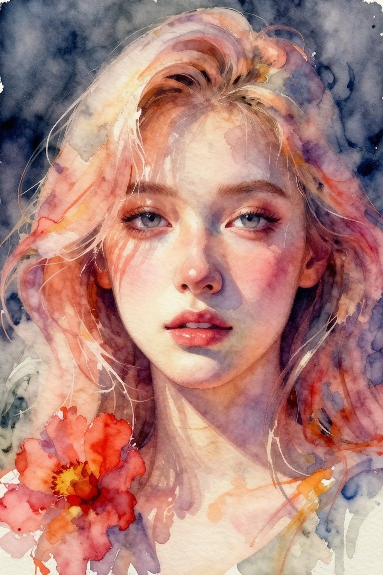 Watercolor portrait of a young woman with flowing blonde hair and red flower.