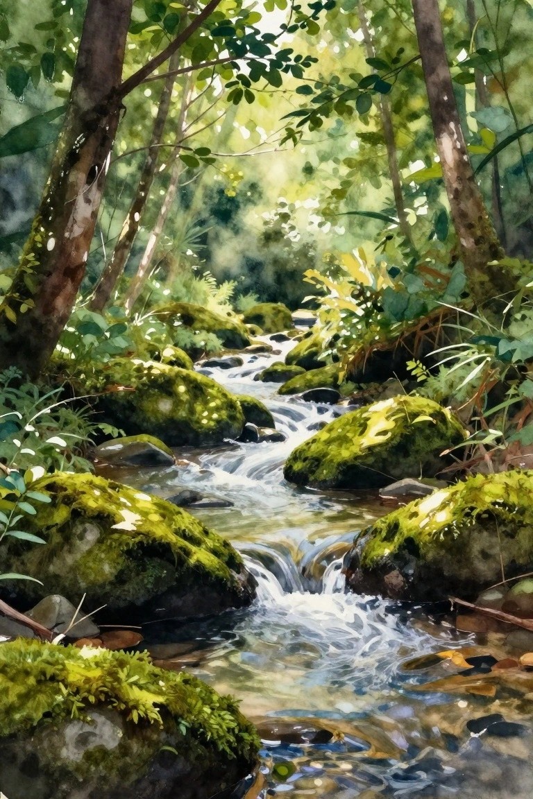 Sunlit stream cascades over mossy rocks amid lush green forest trees in watercolor