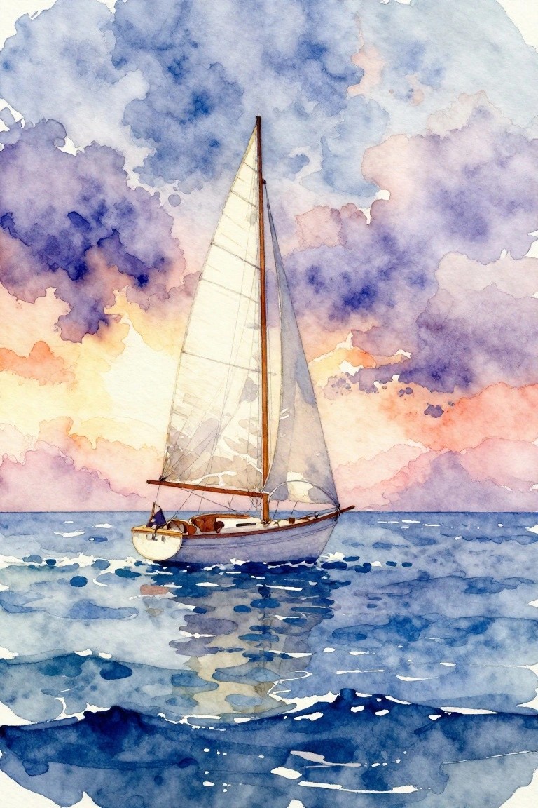 Watercolor sailboat with white sails on blue waves beneath vibrant sunset clouds.