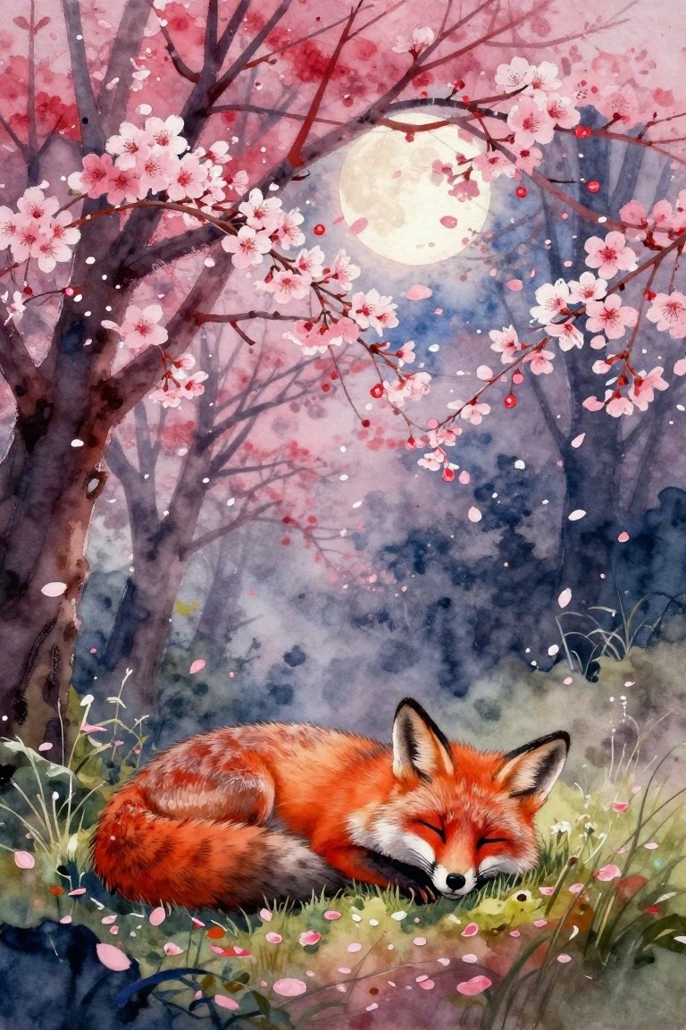 Sleeping red fox under pink cherry blossoms with full moon in background