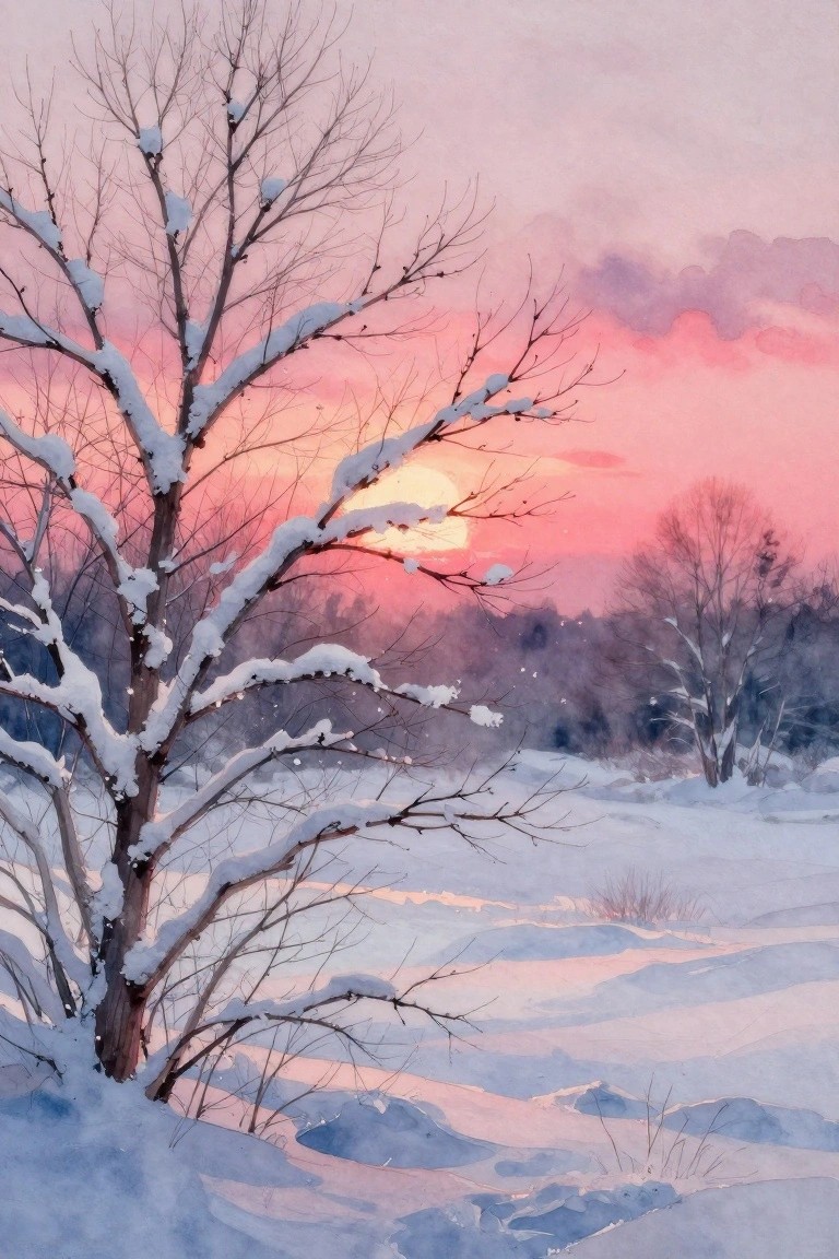 Snow-covered bare tree against pink-orange sunset over snowy winter landscape.