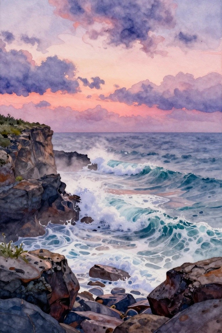 A watercolor painting of waves crashing on rocks at the base of cliffs under a pink and purple sunset sky.