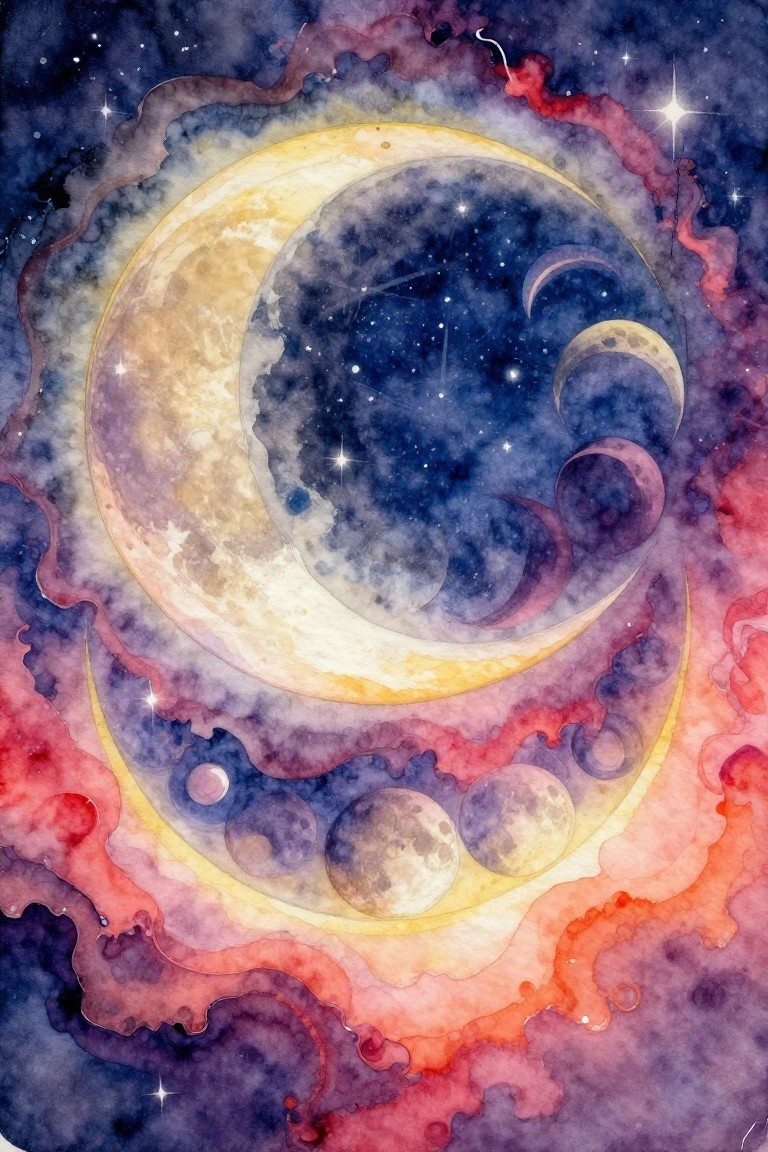A watercolor painting of various moon phases arranged in a swirling circle against a colorful starry nebula background.