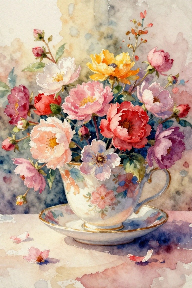 Watercolor of colorful blooms in a floral teacup and saucer with scattered petals.