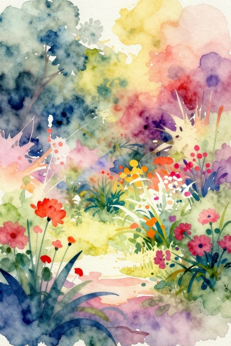 Vibrant watercolor meadow with colorful wildflowers, foliage, and abstract paint splashes in bright hues.