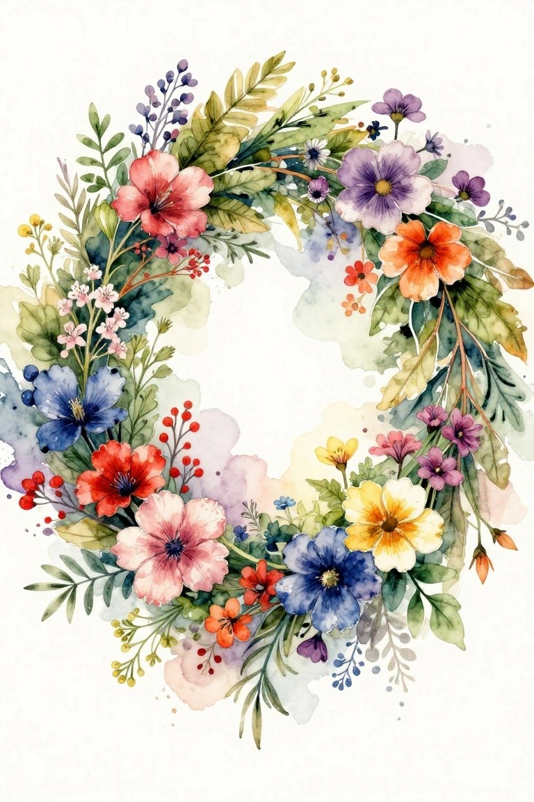 Vibrant watercolor floral wreath with pink, blue, orange flowers and green leaves in circle