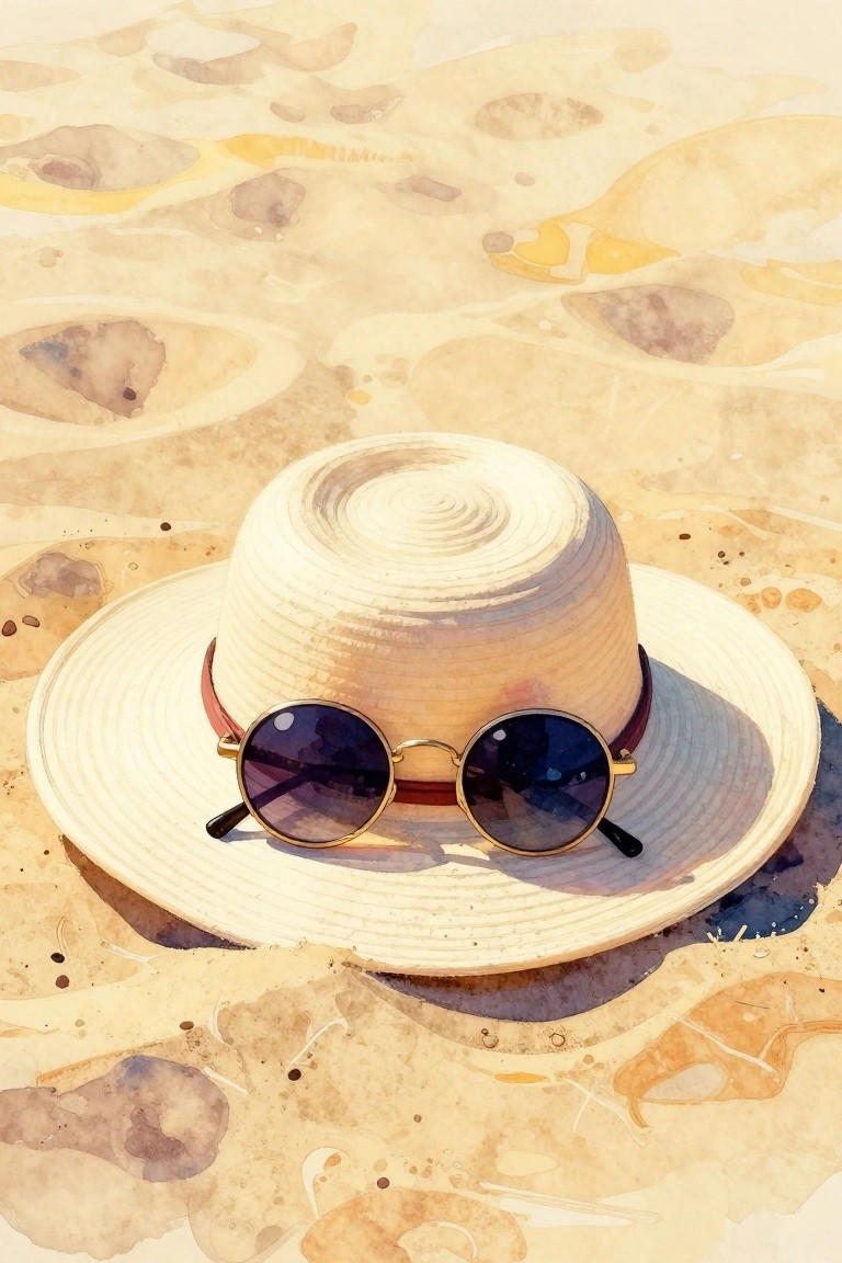 Woven white hat with round sunglasses on watercolor sandy beach surface