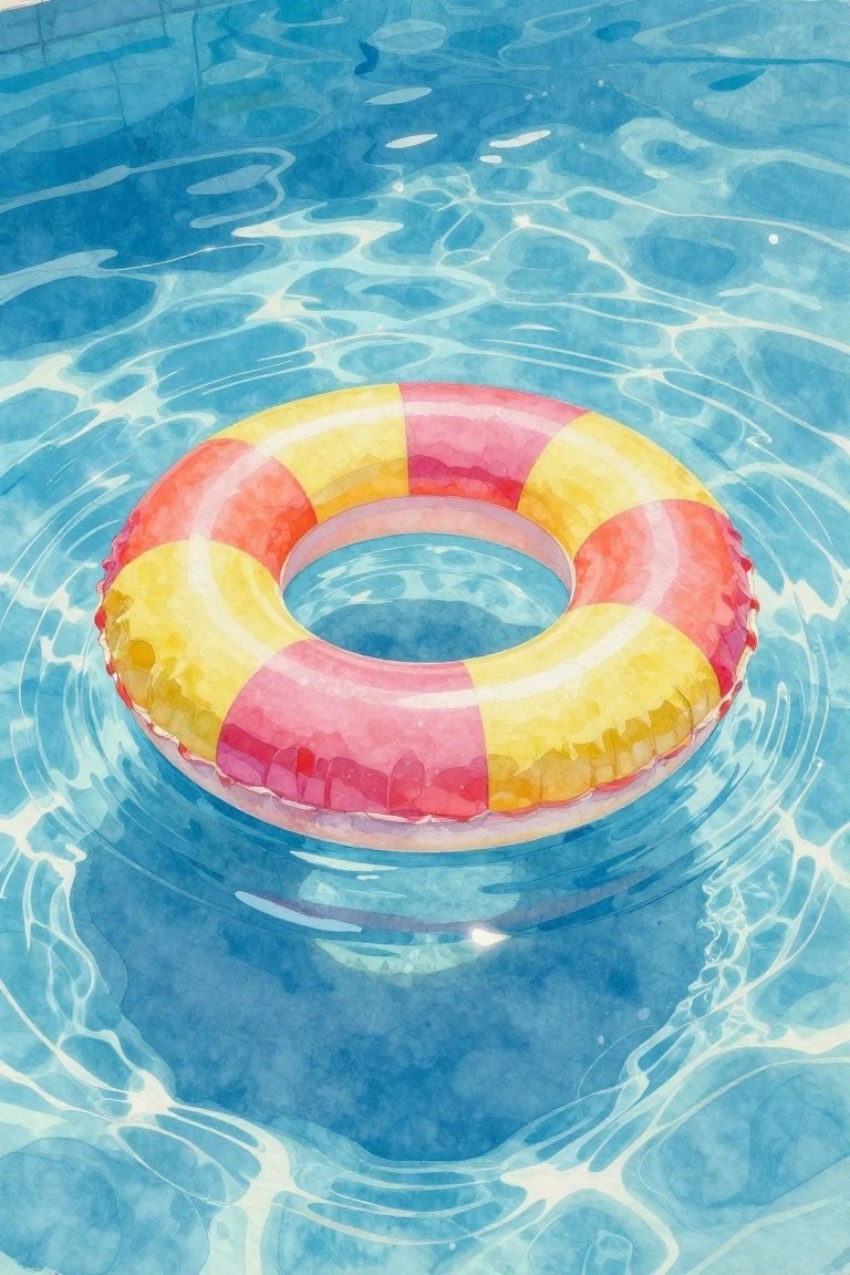 A colorful striped inflatable ring floating in blue rippling pool water.