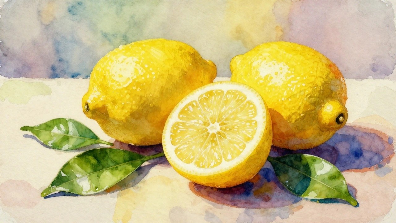 A watercolor painting of three yellow lemons, one sliced open, with green leaves on a white surface and a soft multicolored background.