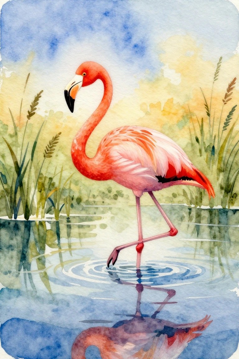 A watercolor painting of a pink flamingo standing on one leg in blue water with visible ripples and its reflection below, surrounded by green reeds under a soft sky.