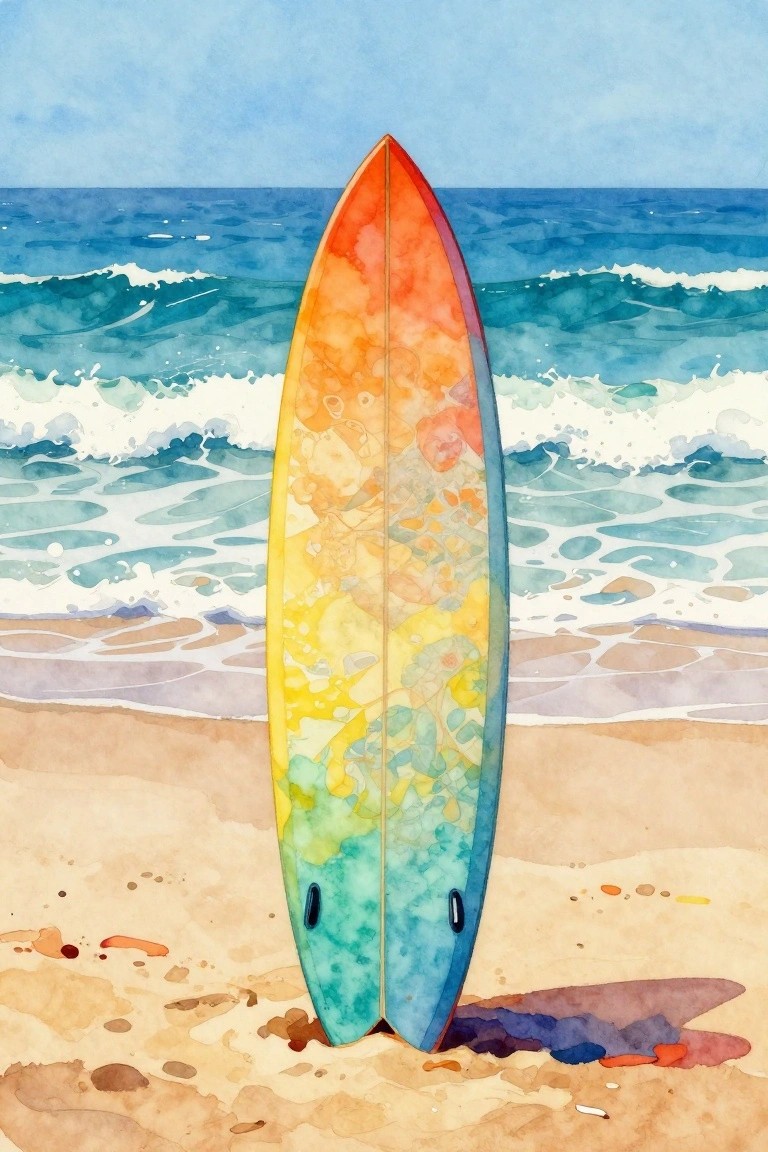 Colorful surfboard standing upright on sandy beach with ocean waves behind.