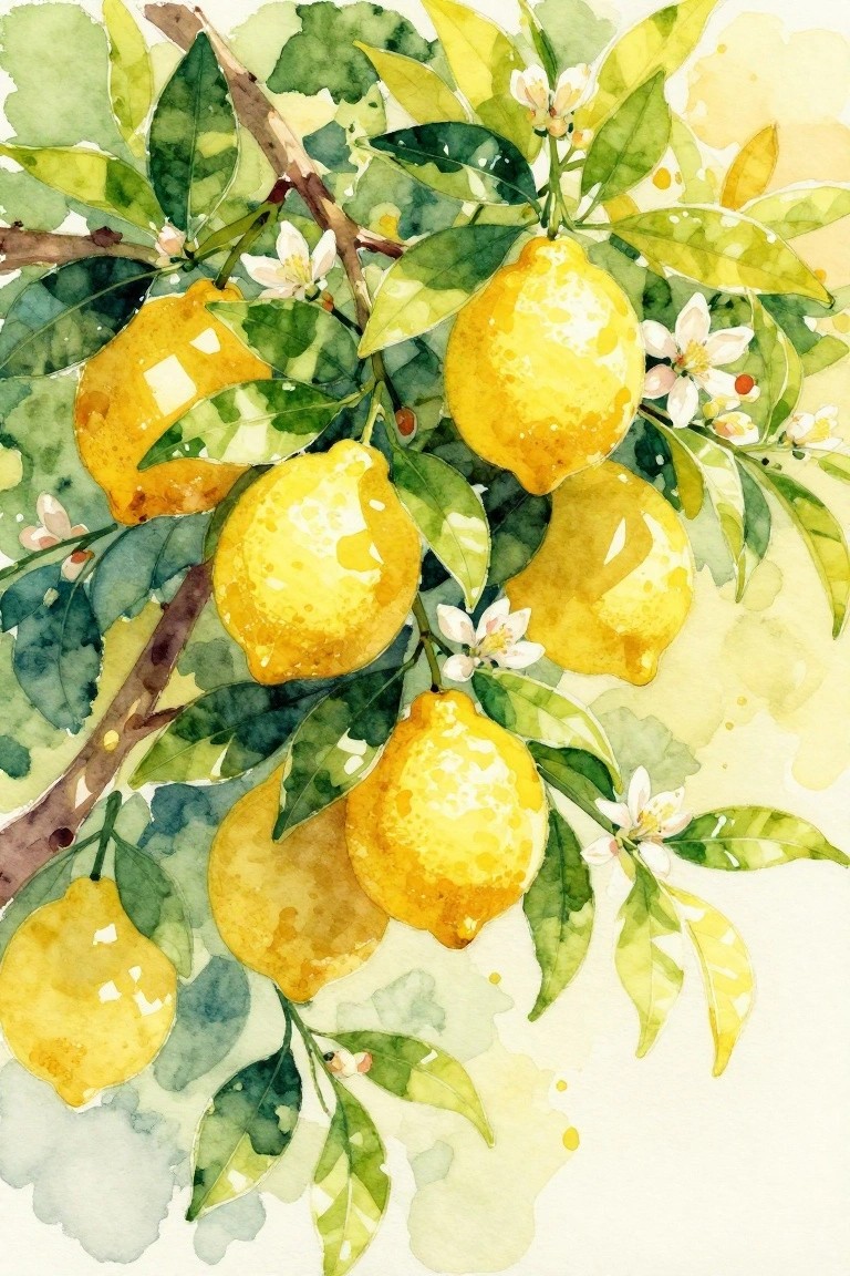 Watercolor painting of yellow lemons on leafy branch with white blossoms
