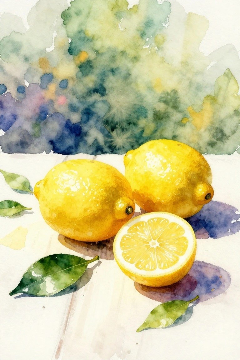 A watercolor painting of three yellow lemons, one sliced open, with green leaves on a white surface and a soft multicolored background.