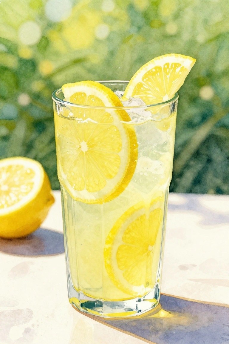 Watercolor of tall glass filled with lemonade, ice, and lemon slices.