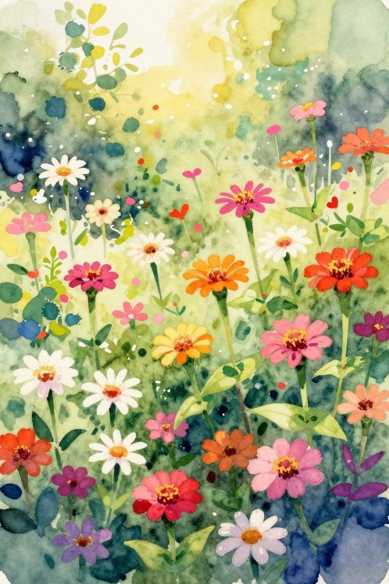 A watercolor painting of colorful flowers including white daisies, pink and orange zinnias in a green field with soft background washes.