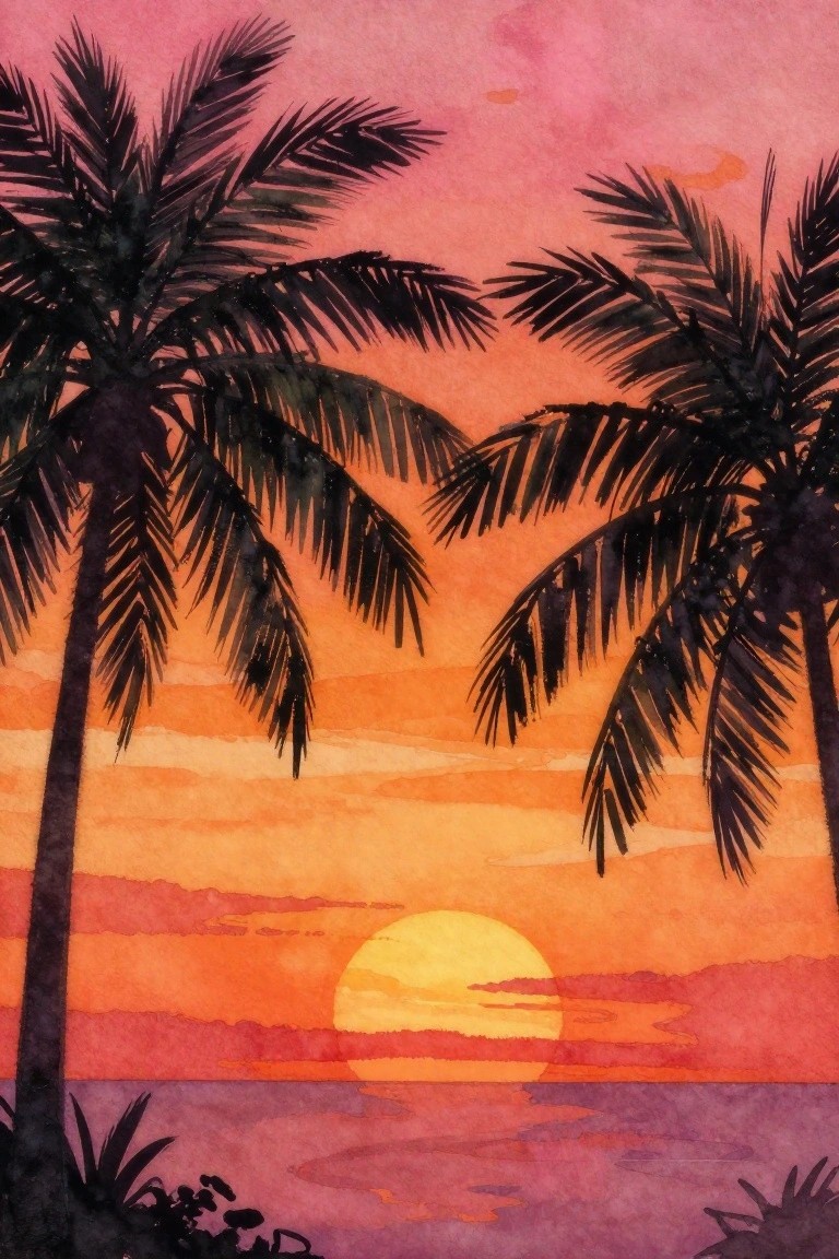 Palm trees silhouetted against pink-orange sunset with yellow sun over water.