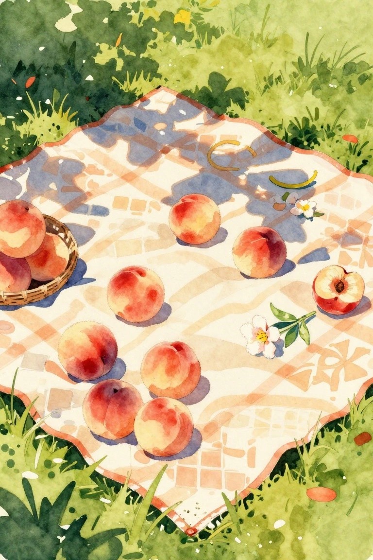 Watercolor of peaches on checkered picnic blanket with flowers amid green grass.