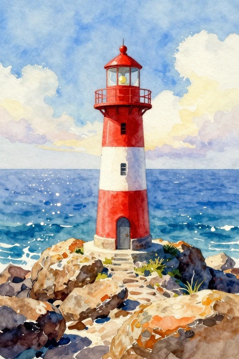 A watercolor painting of a red and white striped lighthouse standing on rocky cliffs next to the ocean under a blue sky with clouds.