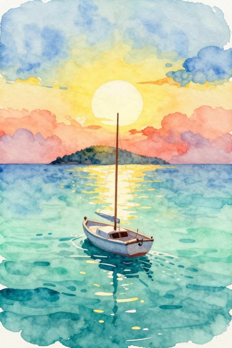 Sailboat on turquoise water under vibrant sunset sky with sun reflection and distant island