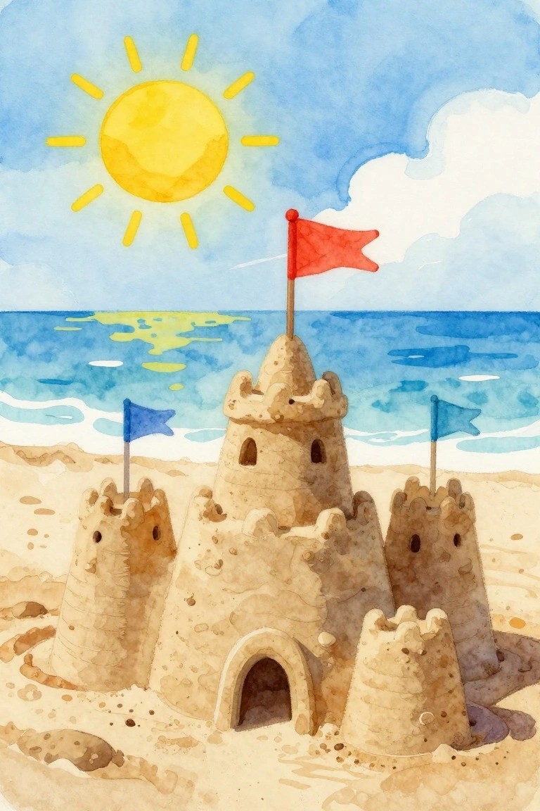 Watercolor painting of a sandcastle with red and blue flags on a sunny beach.