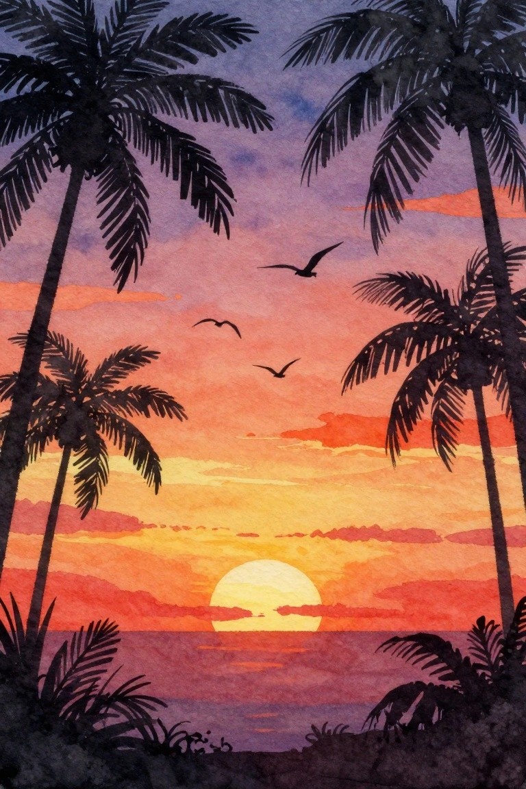 Silhouetted palm trees frame a vibrant ocean sunset with birds in flight.