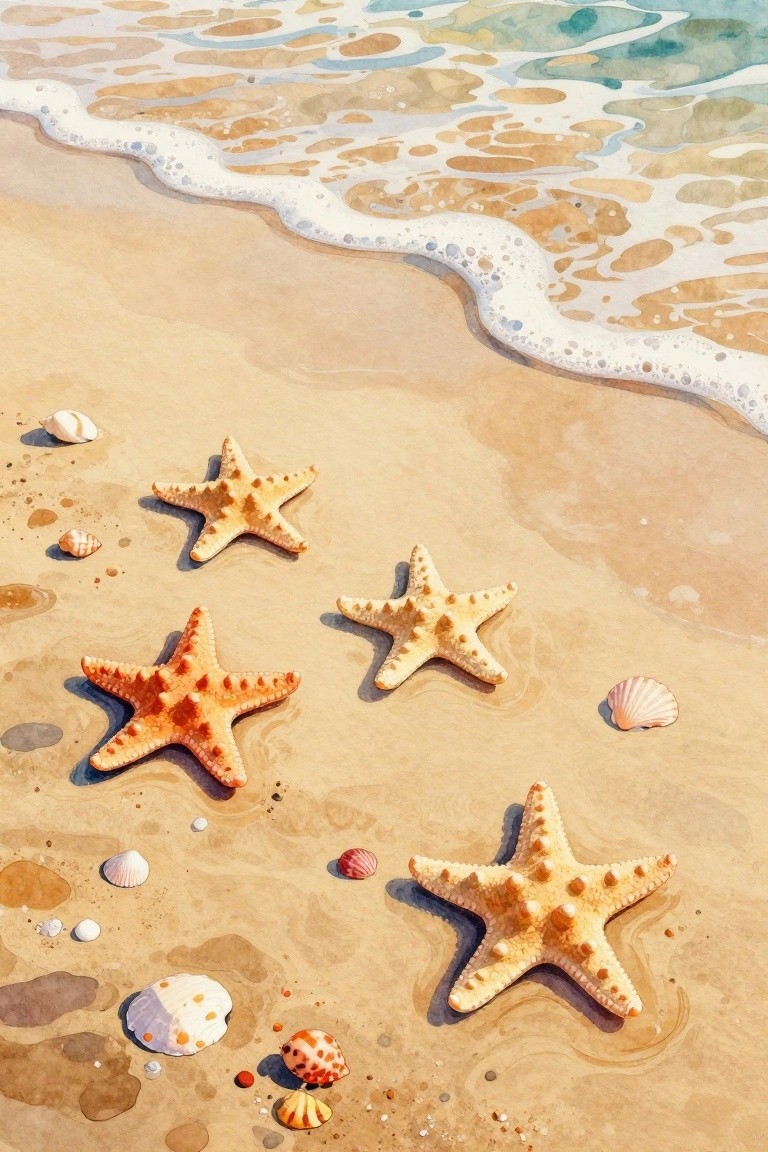 A watercolor painting of orange starfish and seashells on light sand with gentle white waves along the shore.
