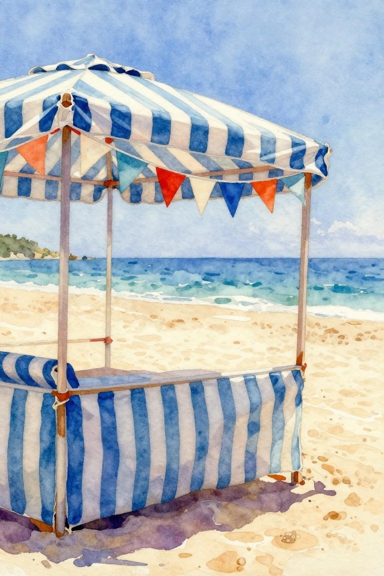 Blue-and-white striped beach cabana with colorful flags on sandy shore by ocean