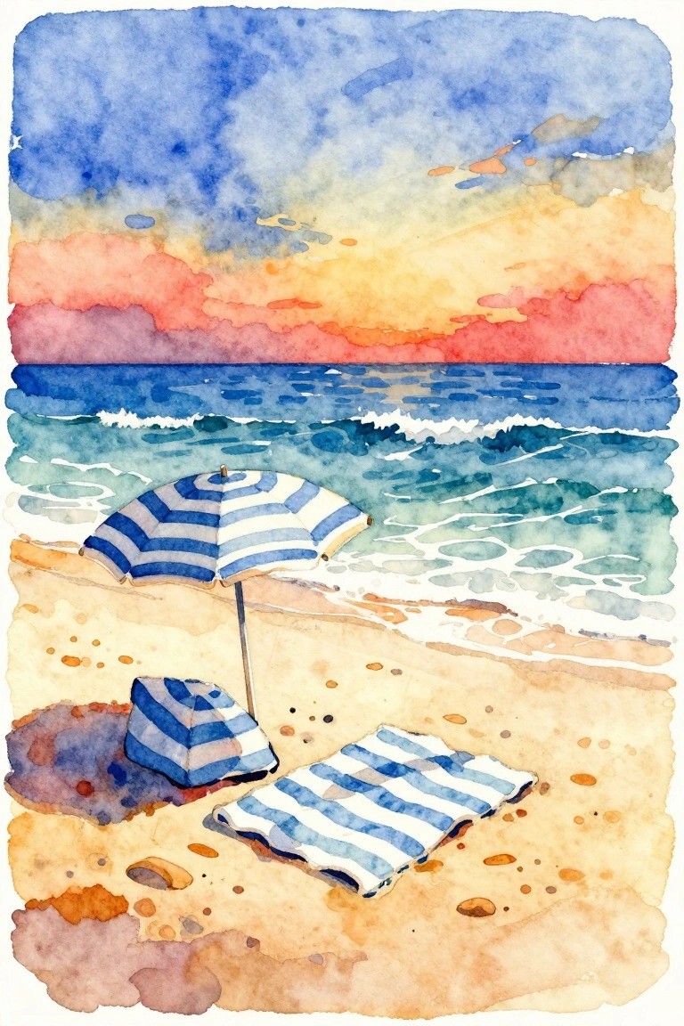 Watercolor of striped umbrella and towel on beach with ocean waves at sunset