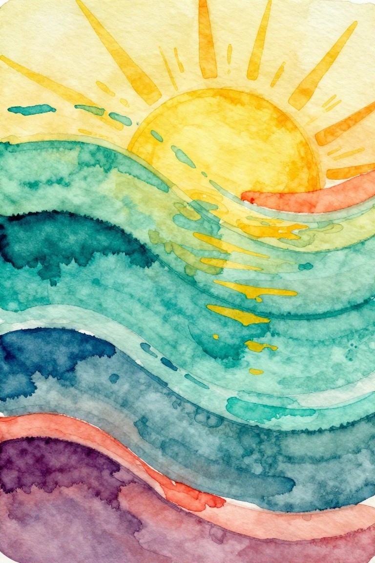 Watercolor sunset with yellow sun rays over layered teal blue and purple waves