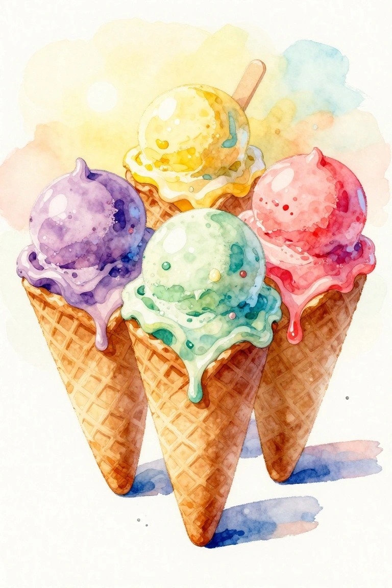 Three colorful melting ice cream scoops in waffle cones, watercolor painting