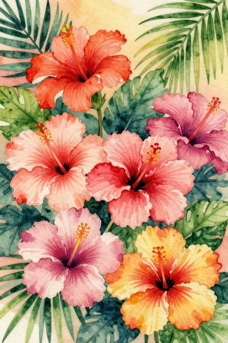 A watercolor painting shows multiple hibiscus flowers in red, pink, purple, and orange with green leaves on a light background.