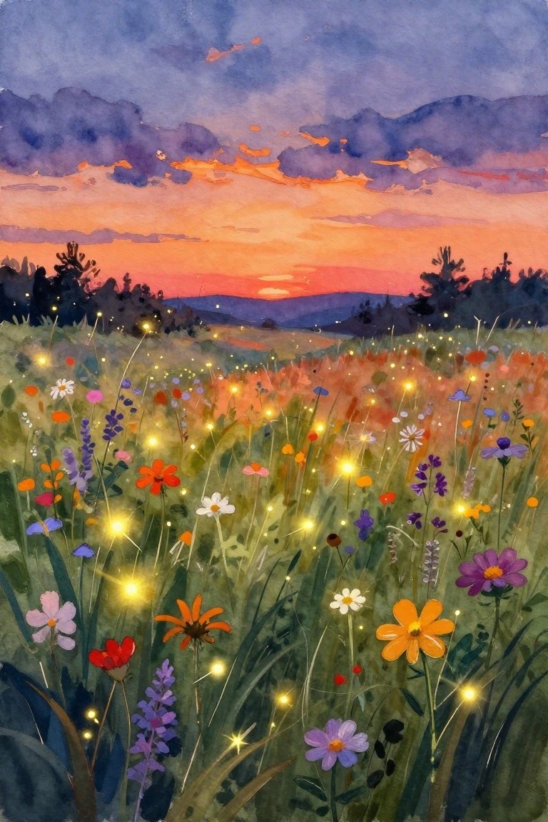 Colorful wildflower meadow with glowing lights under a vibrant orange-purple sunset sky.