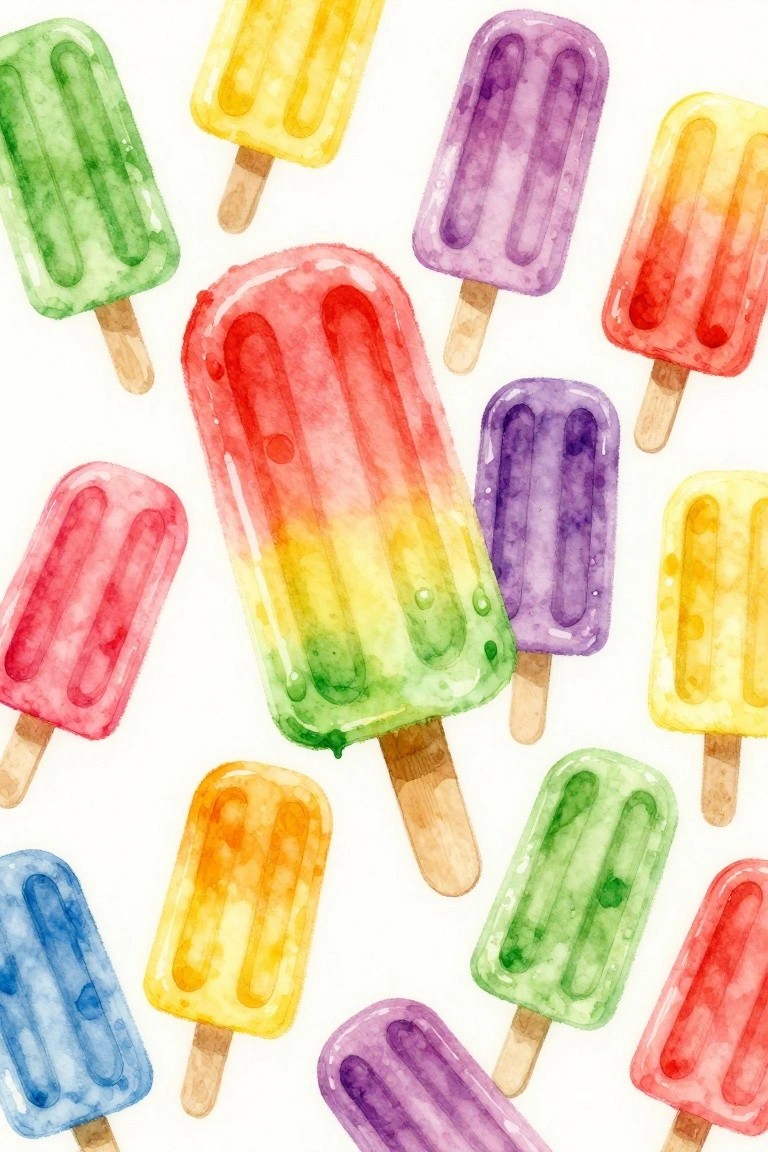 Assorted rainbow watercolor popsicles scattered with wooden sticks on white background