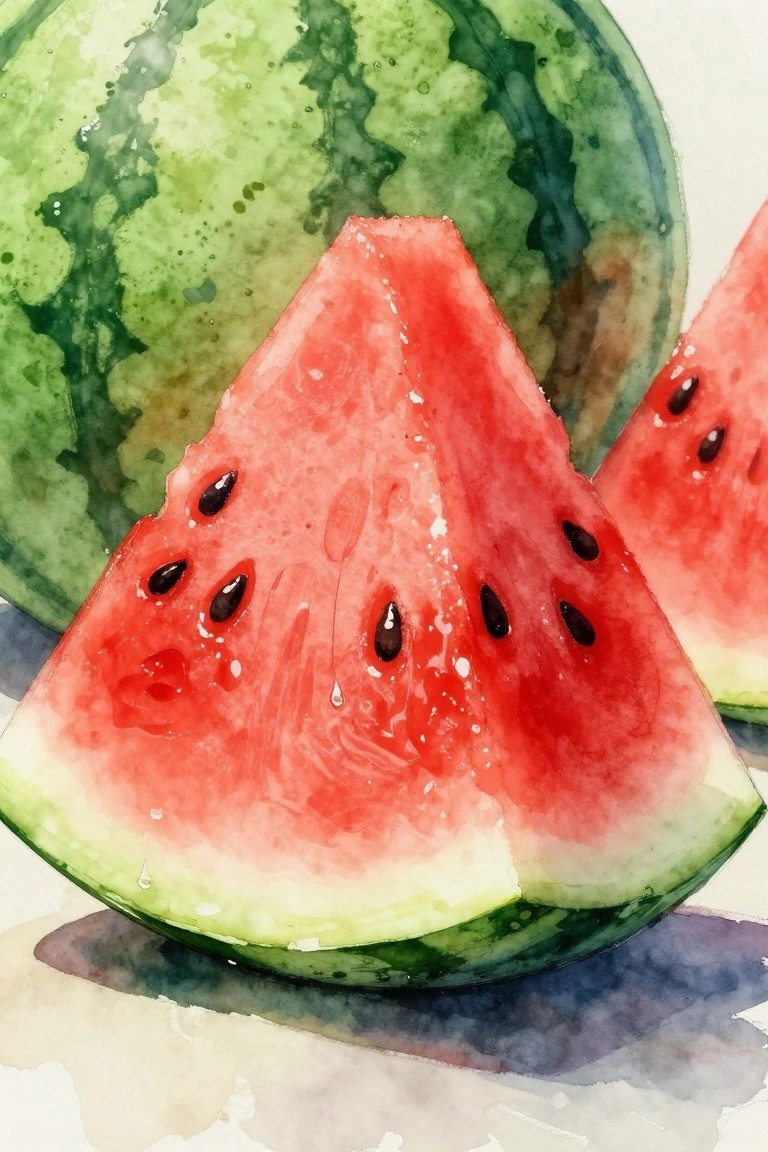 Watercolor painting of juicy red watermelon slices with black seeds and green rind.