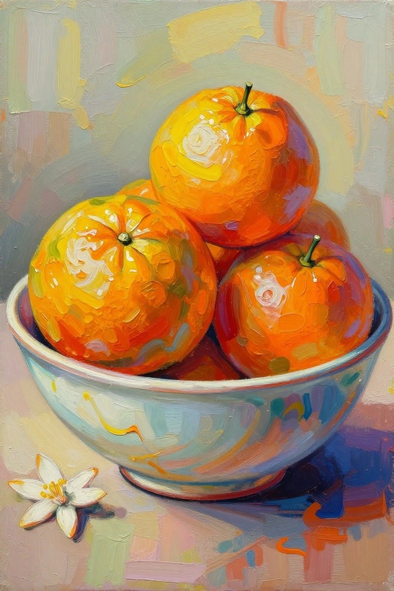 Three vibrant oranges in a blue patterned bowl beside a white flower, oil painting