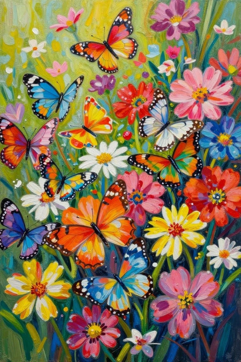 A colorful painting of numerous butterflies with various wing patterns flying among bright flowers like daisies, cosmos, and zinnias in a lush garden.