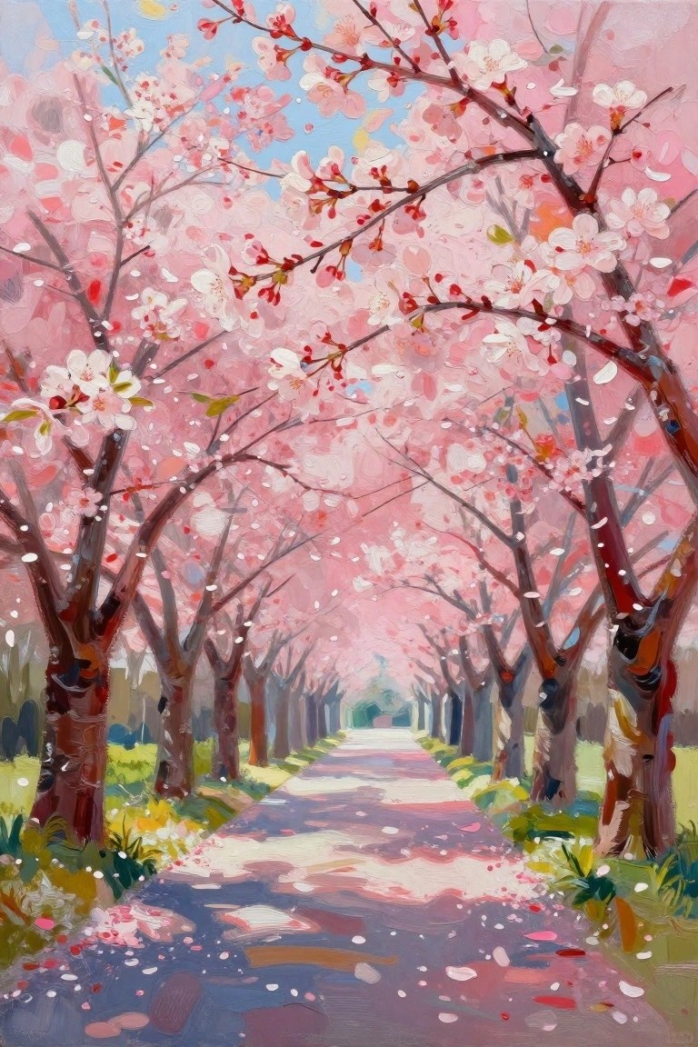 Serene path through arches of blooming pink cherry blossom trees with fallen petals.