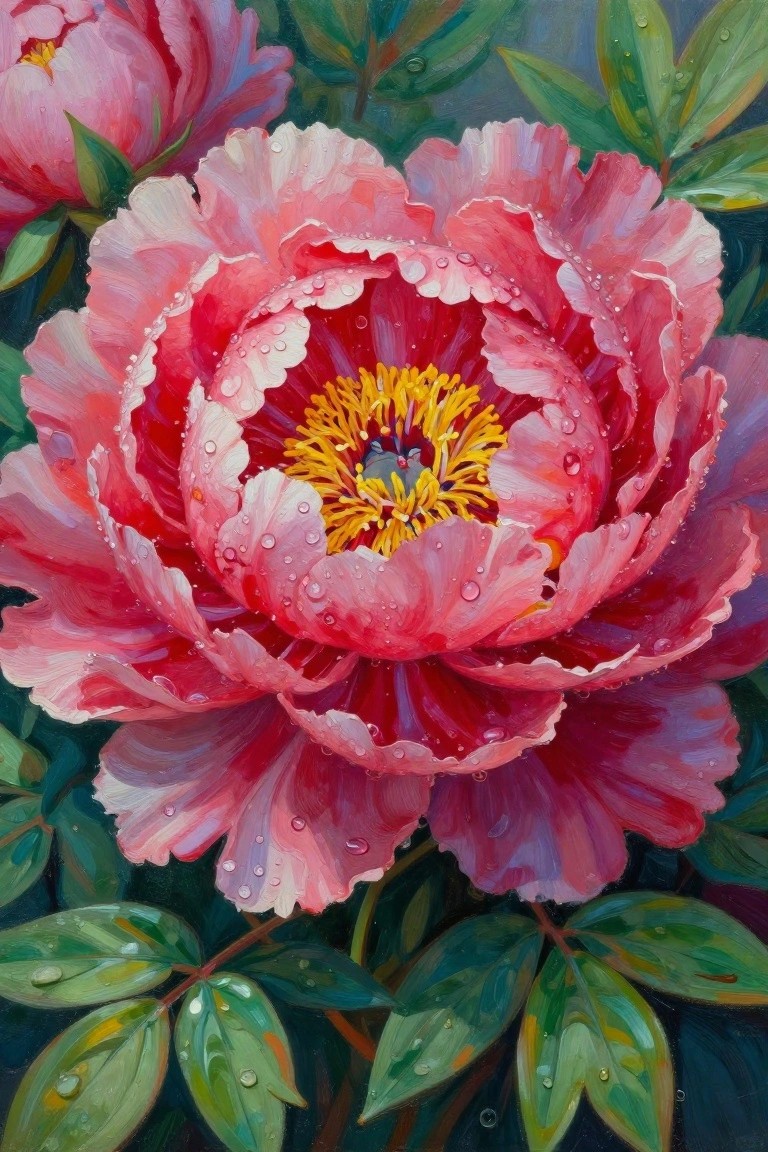A close-up painting of a large pink peony with yellow center and visible water droplets on the petals, surrounded by green leaves.