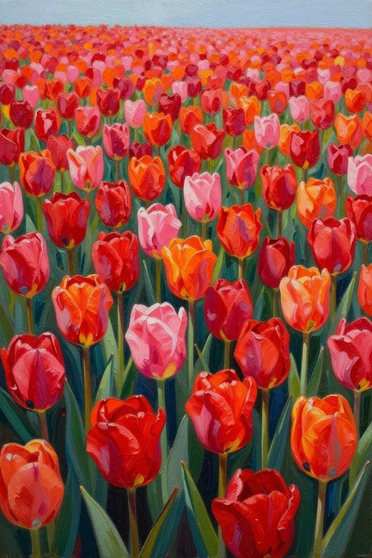 Vibrant painting of dense red, pink, and orange tulips filling a vast field.