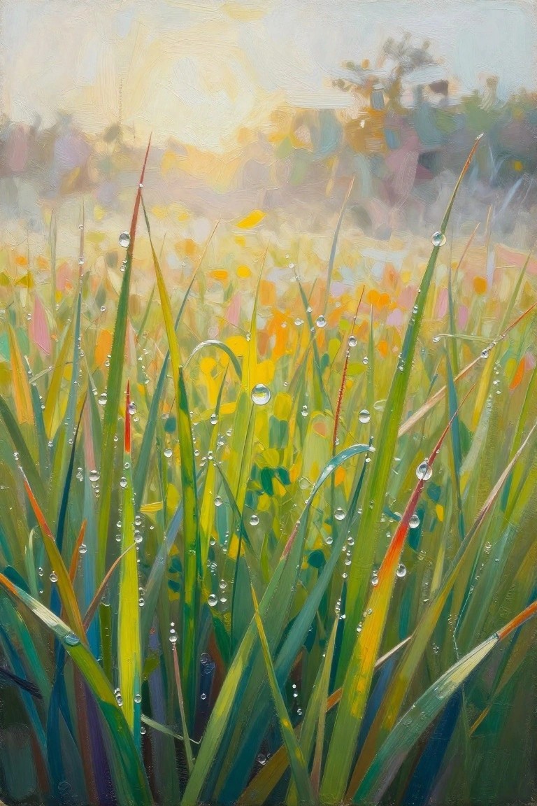 Dewy green grass blades sparkle with water droplets in a soft colorful meadow.