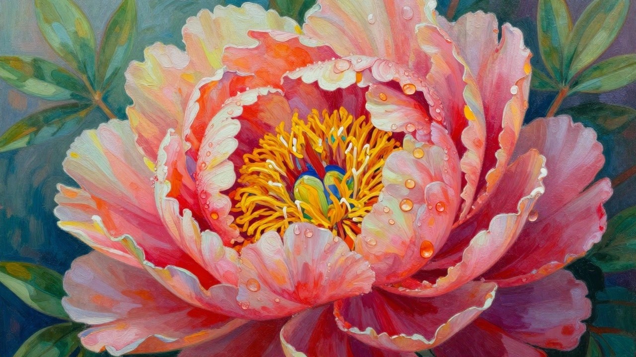 A close-up painting of a large pink peony with yellow center and visible water droplets on the petals, surrounded by green leaves.