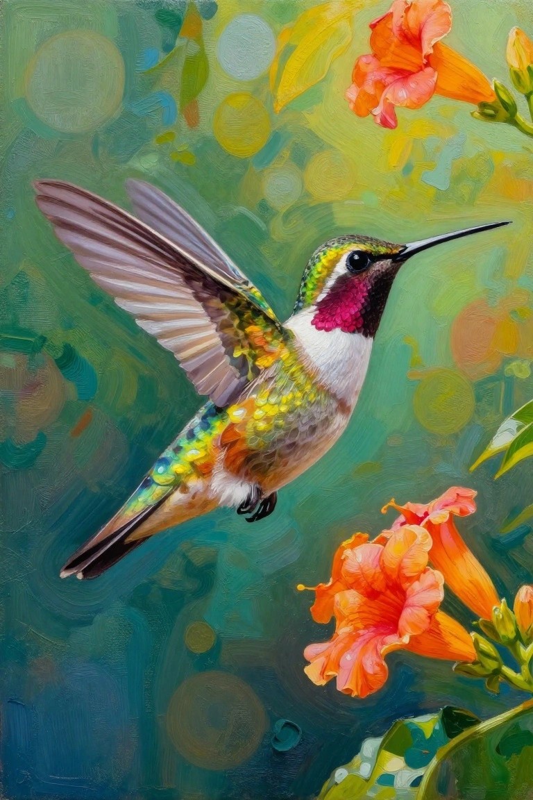 Colorful hummingbird hovers mid-flight near vibrant orange flowers in a green garden painting