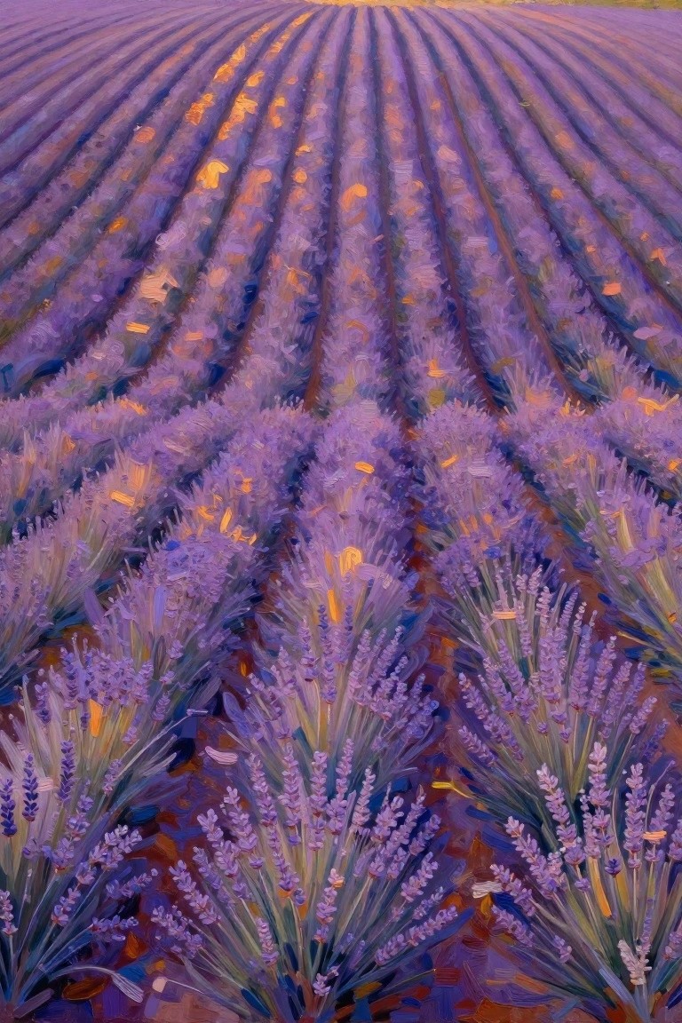 Vast lavender field in textured purple hues with golden sunset highlights on rows